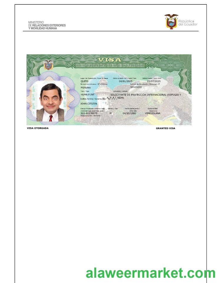 Ecuador travel visa template in Word and PDF formats, version 3